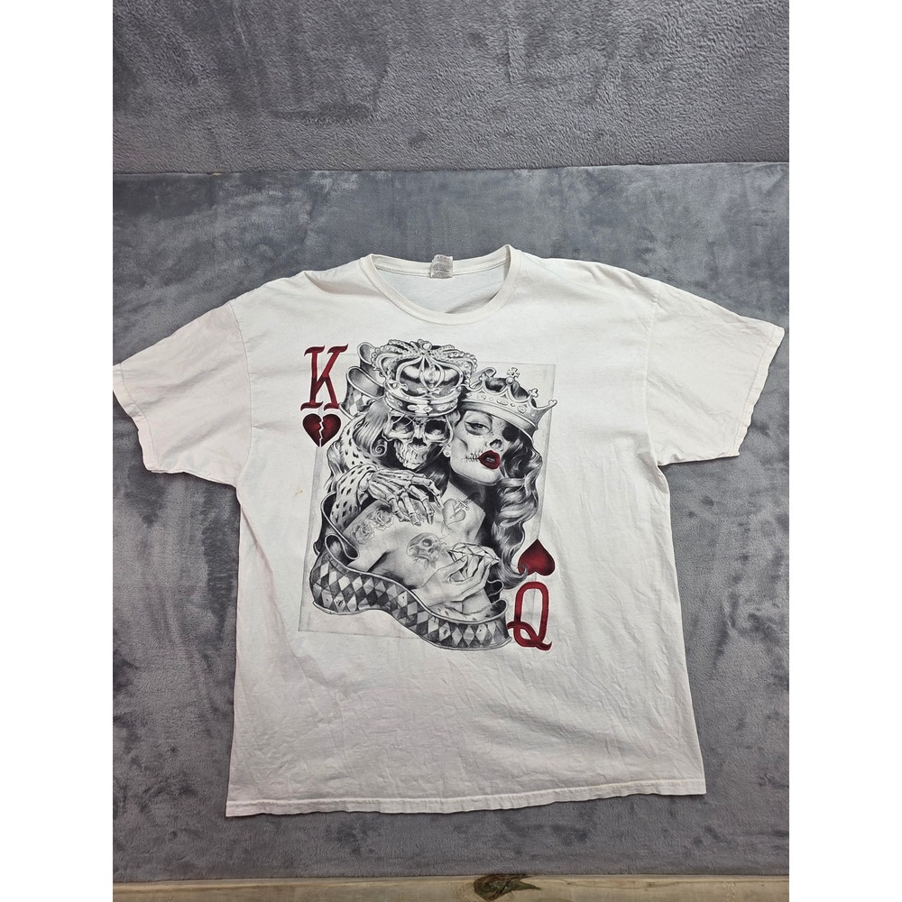 Fruit of the Loom King Queen Skull Playing Card Graphic T-Shirt White 2XL